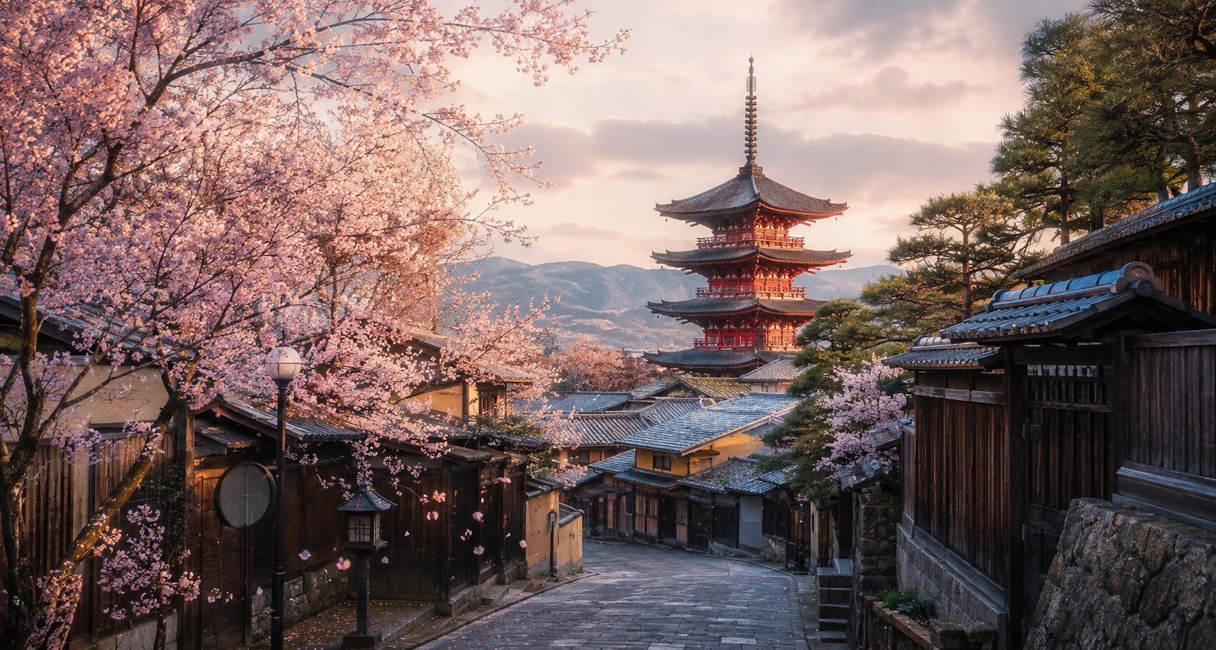 Calle tradicional de Kioto con pagoda y cerezos en flor, Japón