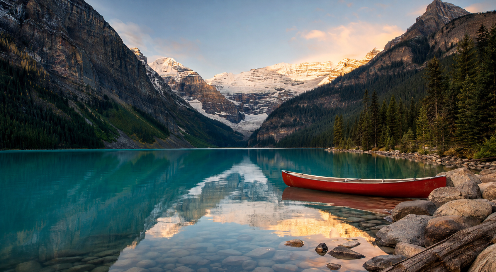 Lake Louise con agua turquesa, montañas nevadas y una canoa roja en Canadá