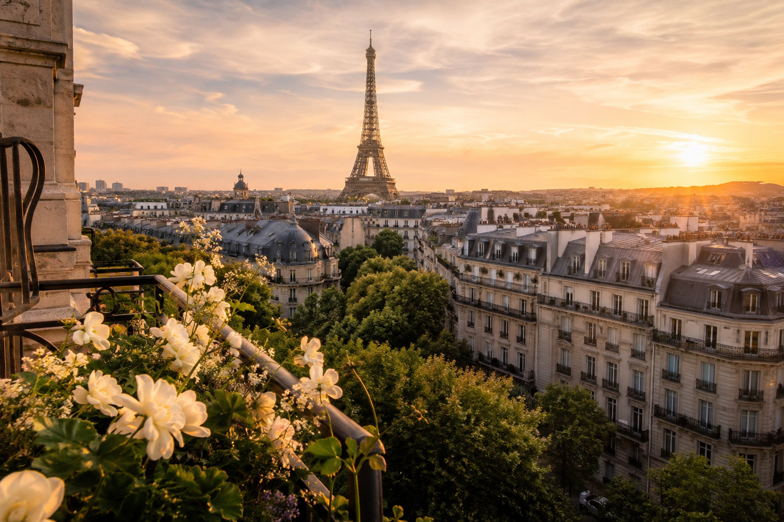 Vista de París y la Torre Eiffel al atardecer