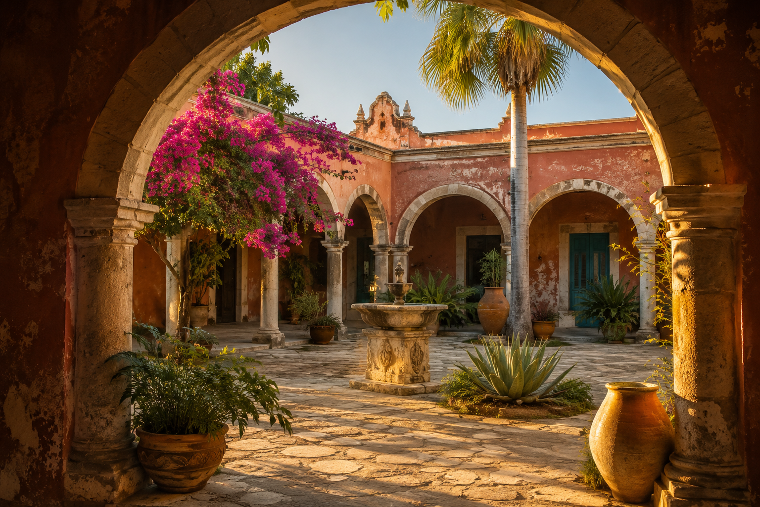 Patio de una hacienda colonial mexicana con arcos, fuente y bugambilias